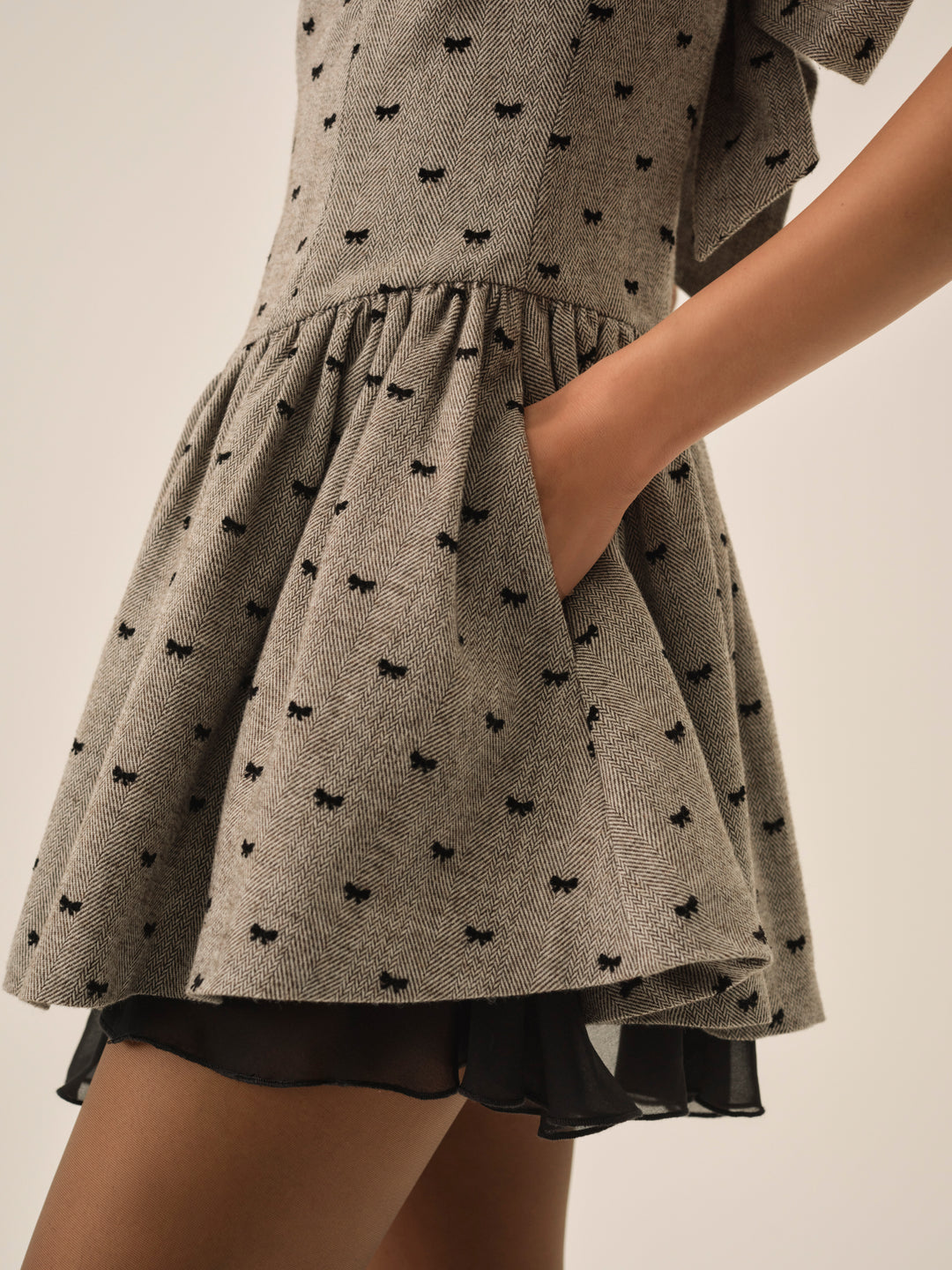 Women Twill Bow Mini Dress - Grey
