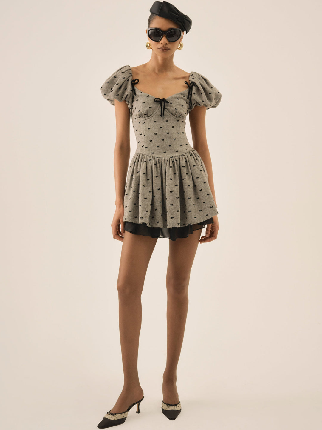 Women Twill Bow Mini Dress - Grey