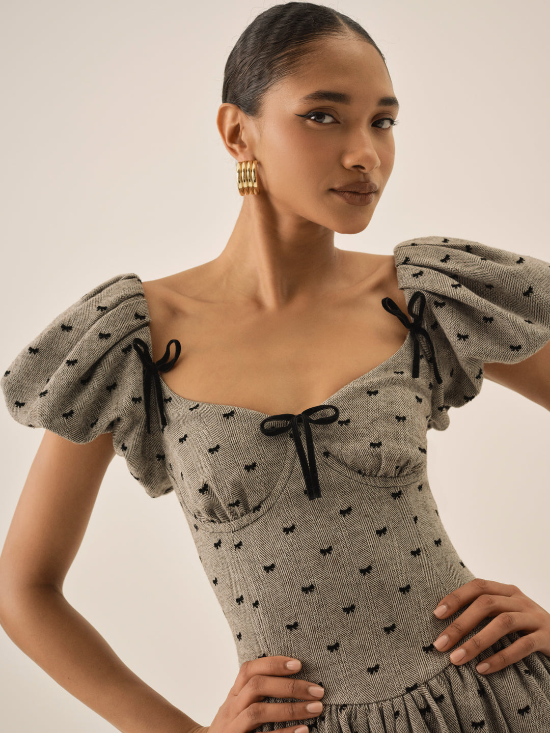 Women Twill Bow Mini Dress - Grey