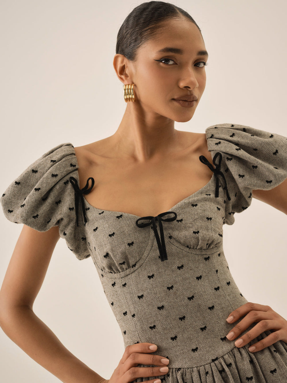 Women Twill Bow Mini Dress - Grey