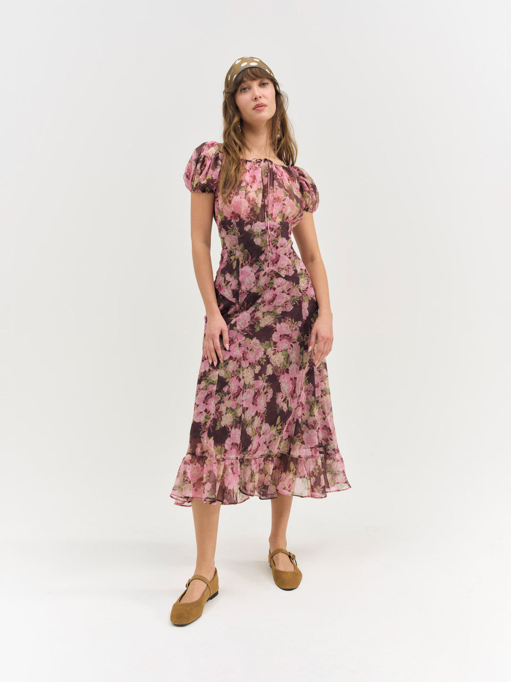 Women Adeline Floral Midi Dress - Brown