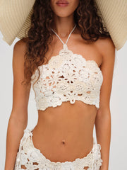 Women Floral Crochet Coverup Top - White