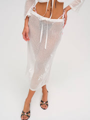 Women Rose Crochet Midi Skirt - White