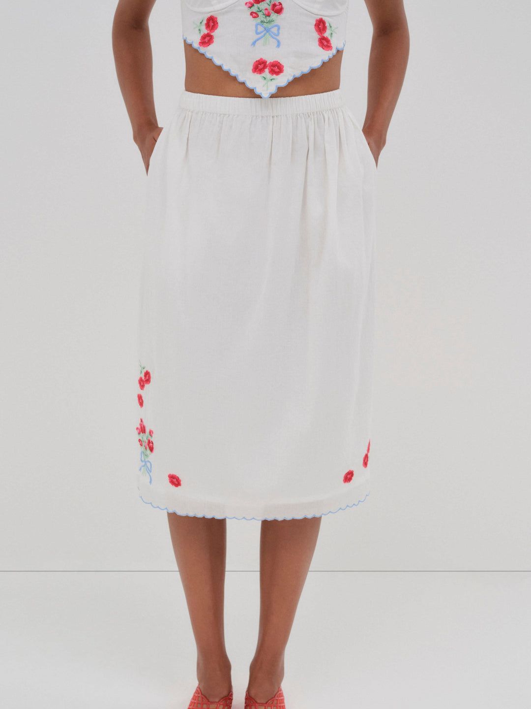 Women Forget Me Not Embroidery Midi Skirt - White