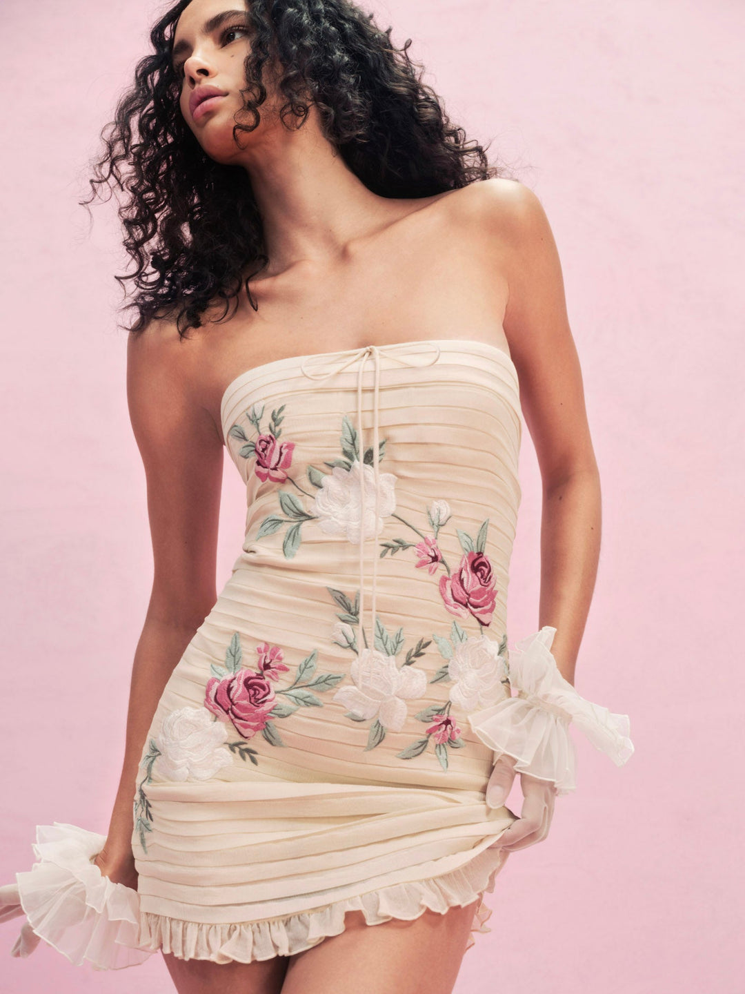 Women Climbing Rose Embroidered Mini Dress - Vintage Cream