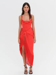 Women Anisa Fringe Midi Dress - Red