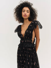Women Poppy Pleated Lace Maxi Dress - Black