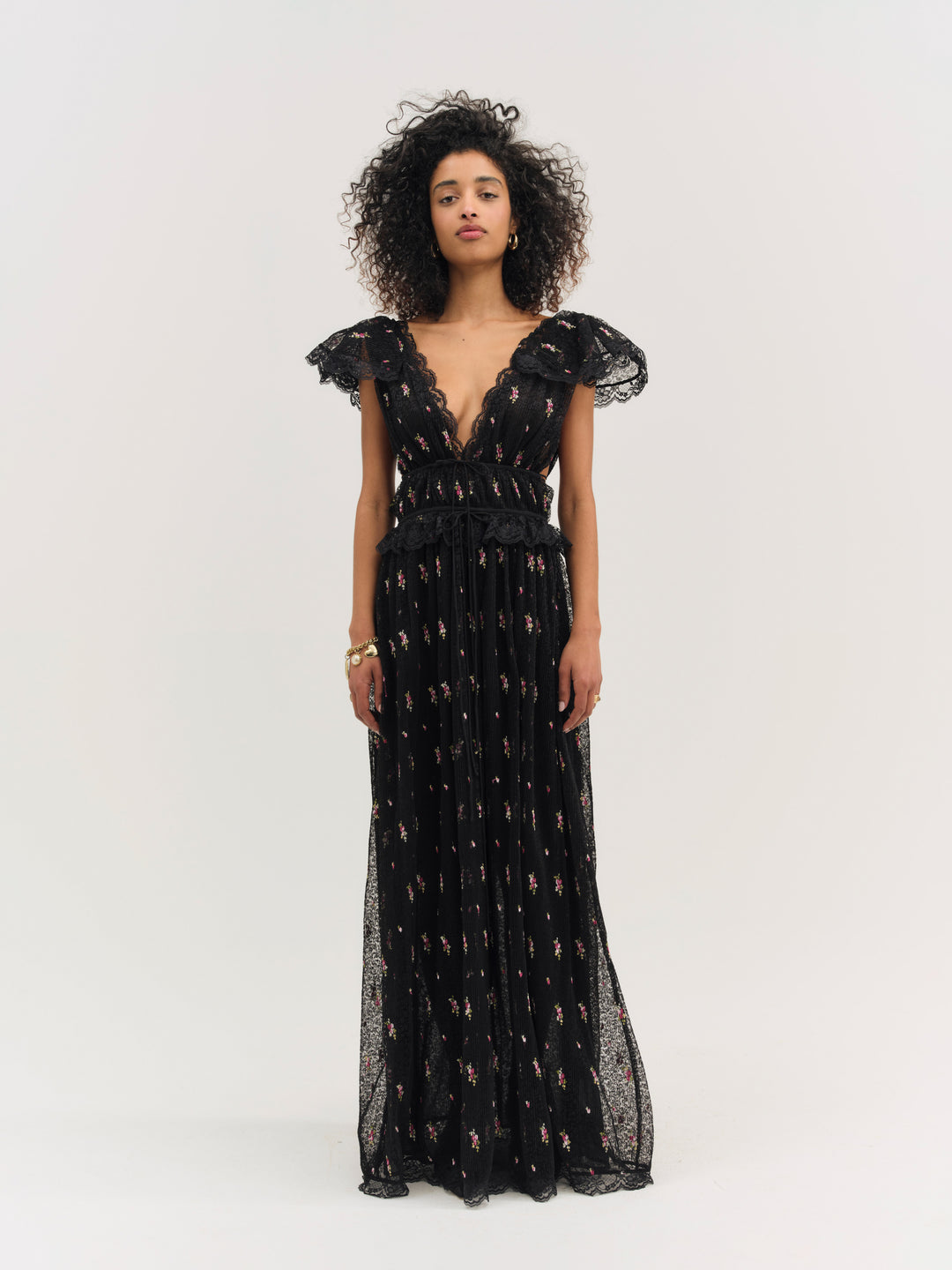 Women Poppy Pleated Lace Maxi Dress - Black