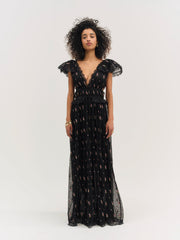 Women Poppy Pleated Lace Maxi Dress - Black