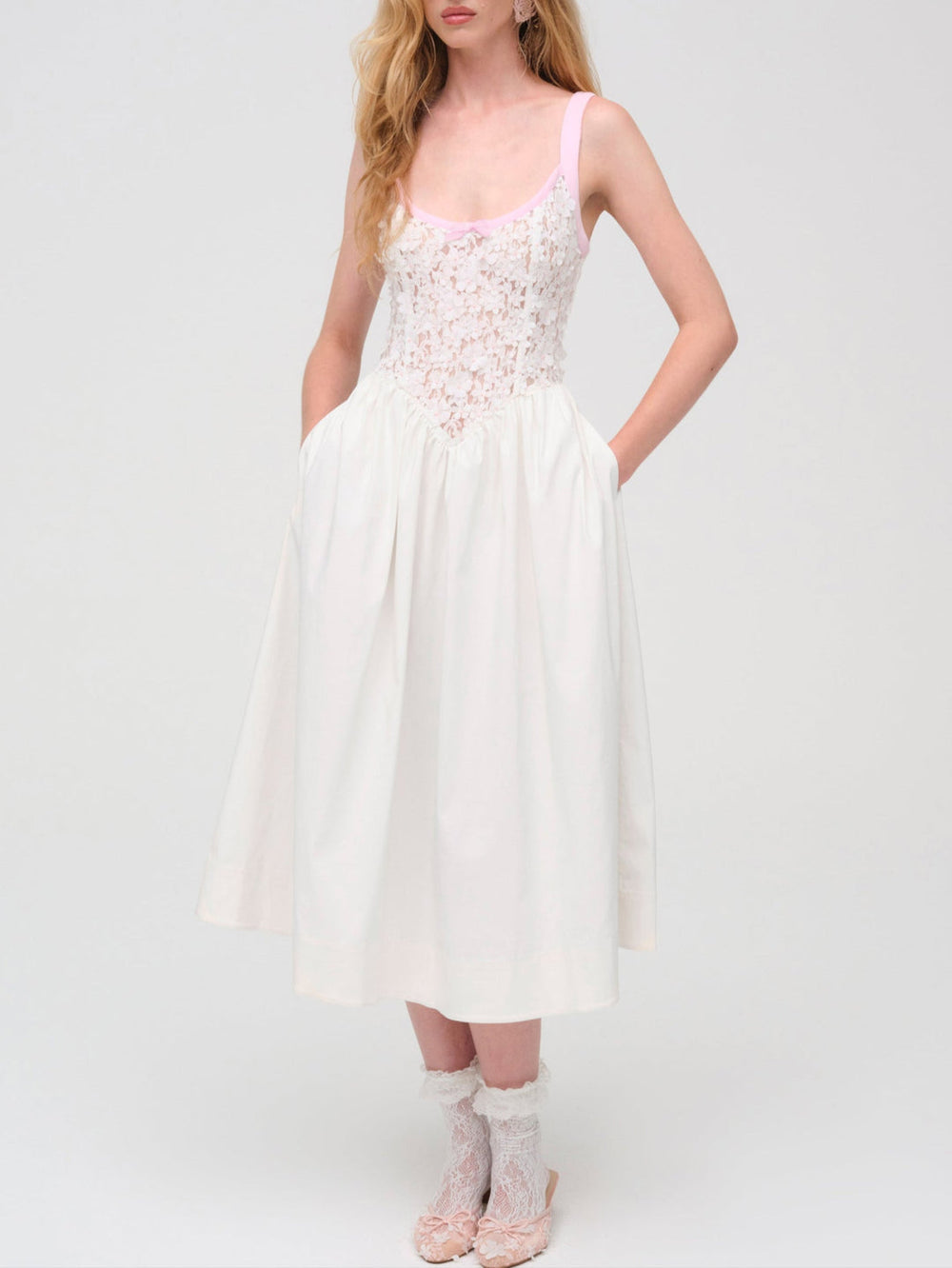 Women Stacked Blossom Lace Midi Dress - White