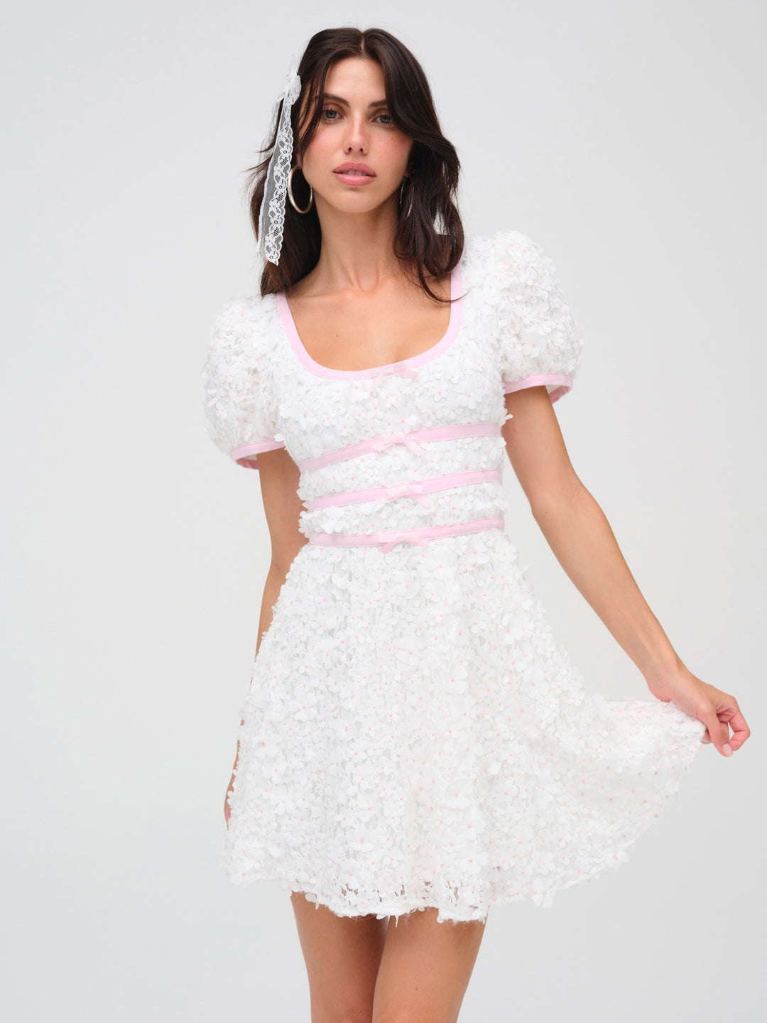 Women Stacked Blossom Lace Mini Dress - White