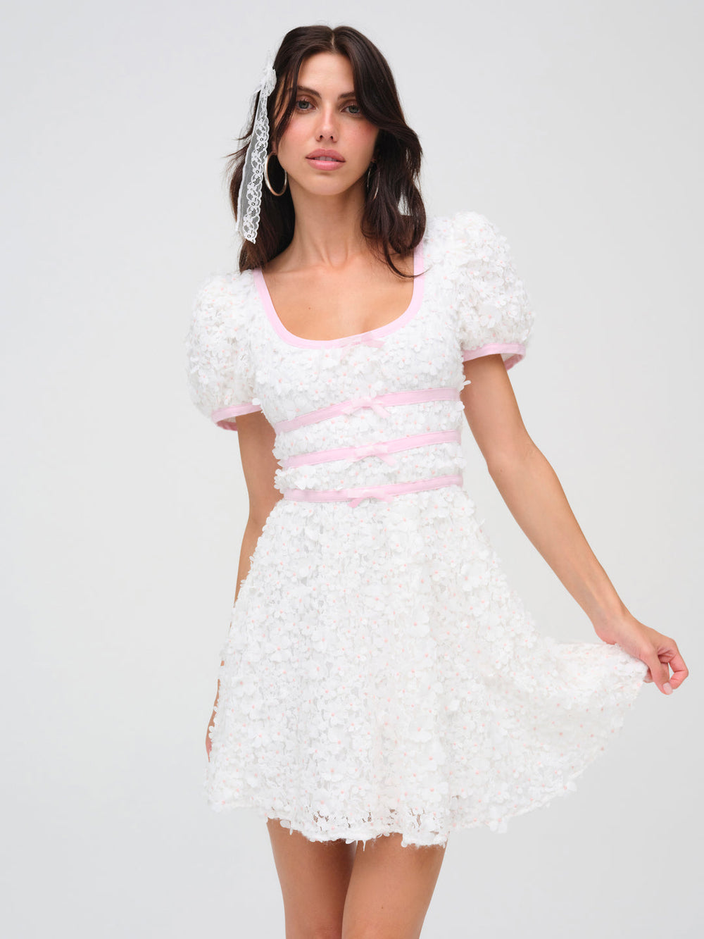 Women Stacked Blossom Lace Mini Dress - White