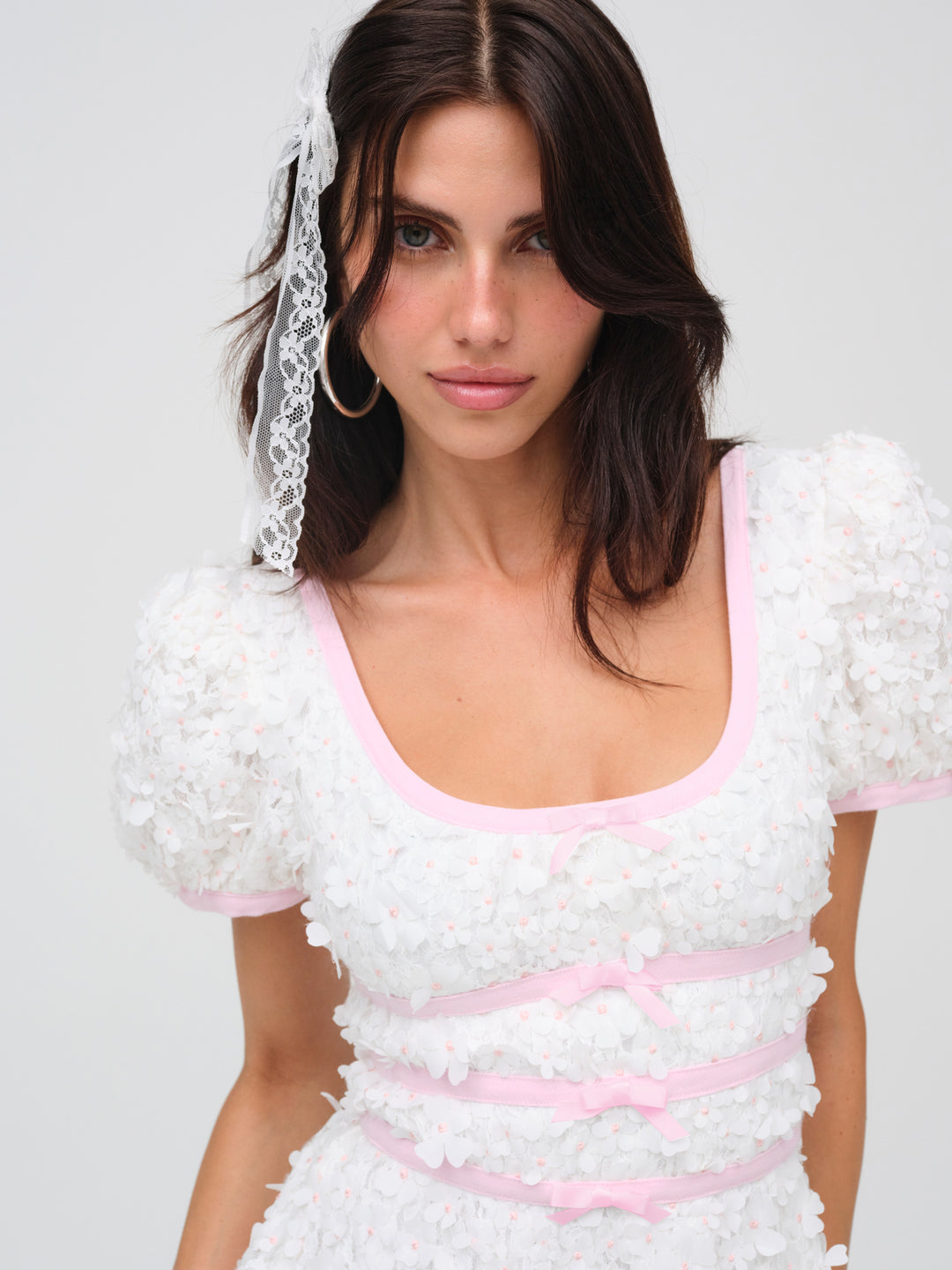 Women Stacked Blossom Lace Mini Dress - White