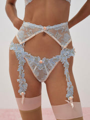 Women Winter Roses Garter Belt - Blue