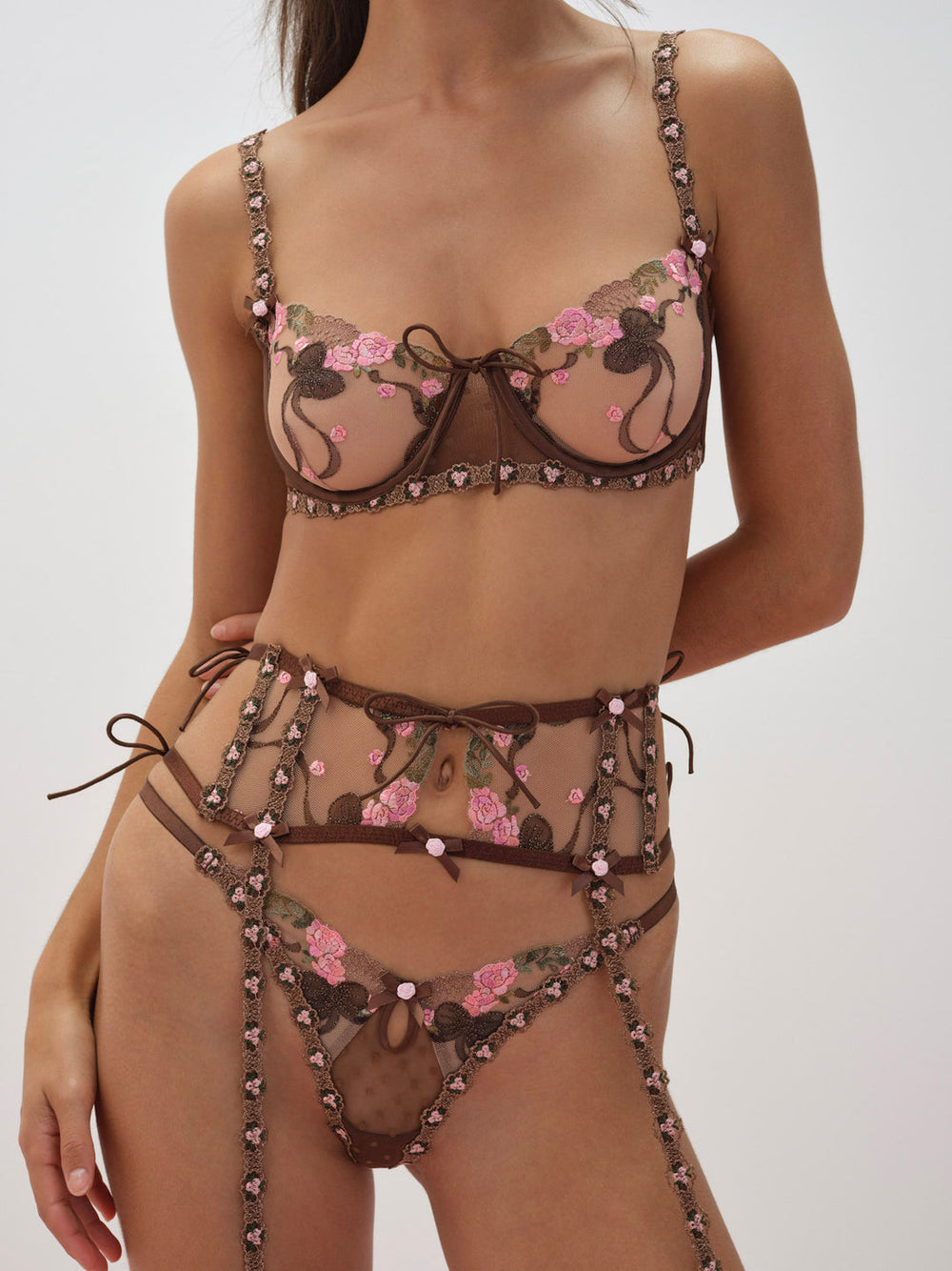 Women Runaway Bows Underwire Bra - Brown