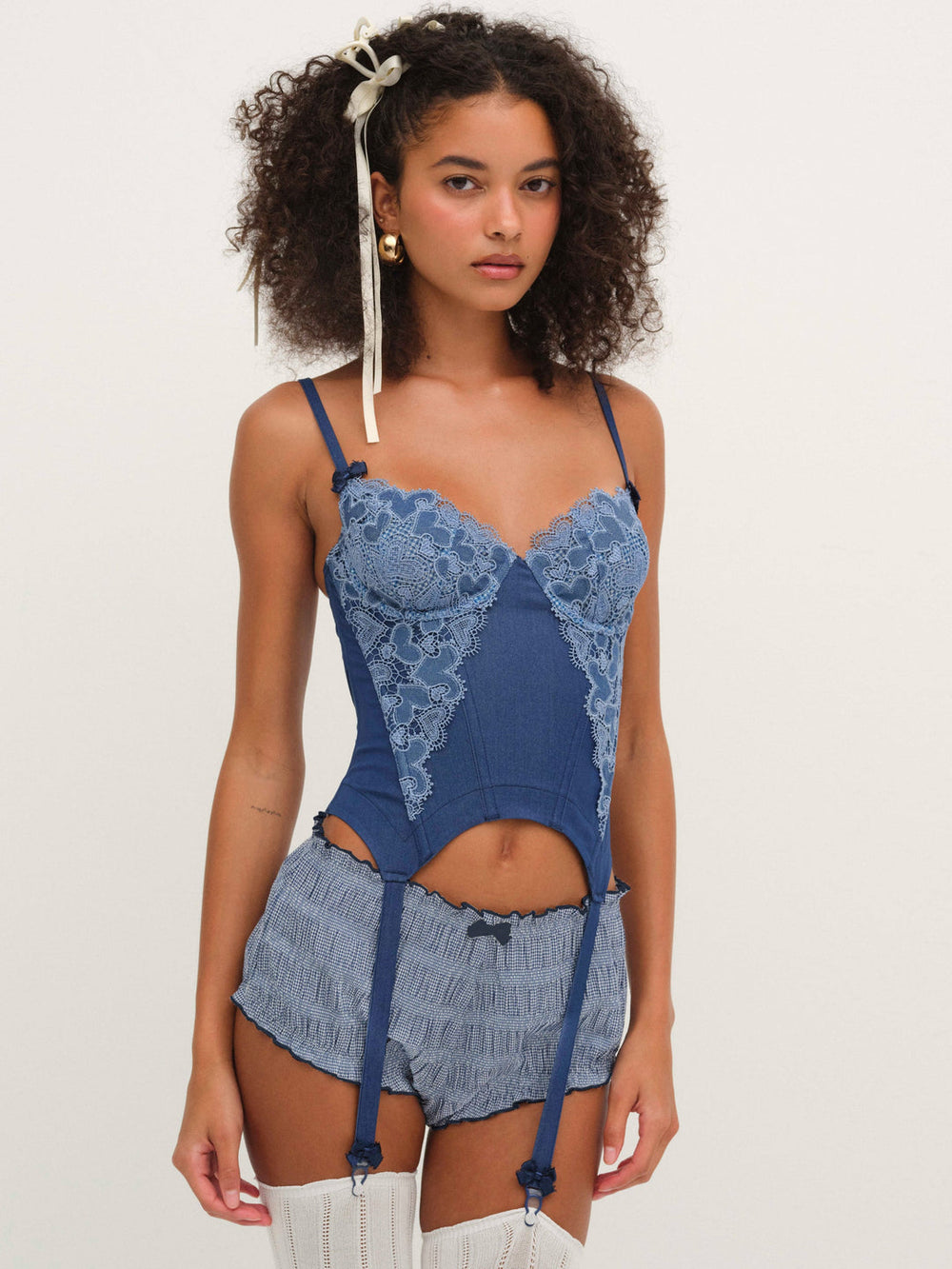 Women Denim Hearts Bustier - Blue