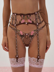Women Runaway Bows Garter Belt - Brown