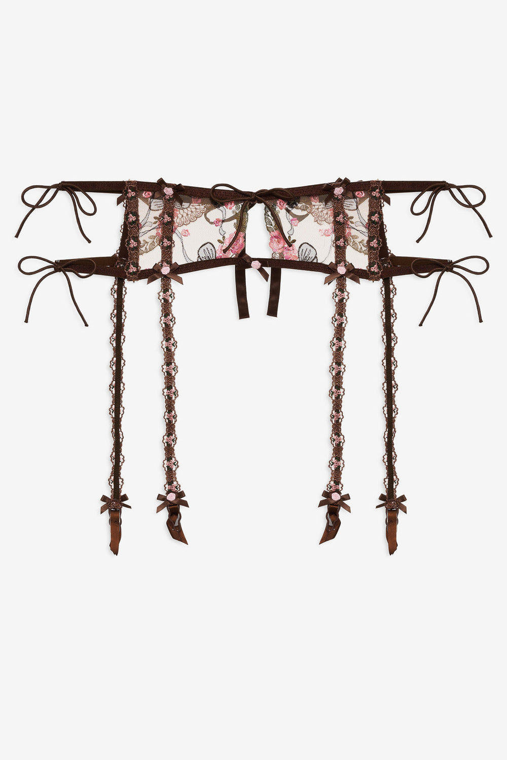Women Runaway Bows Garter Belt - Brown