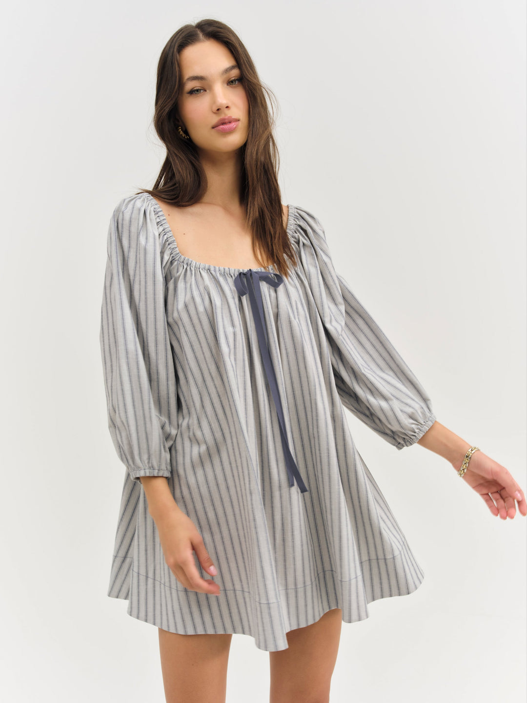 Women Linen Stripe Mini Dress - Blue