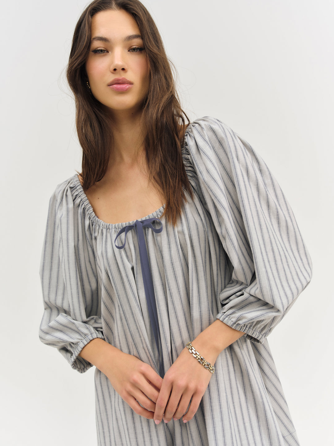 Women Linen Stripe Mini Dress - Blue