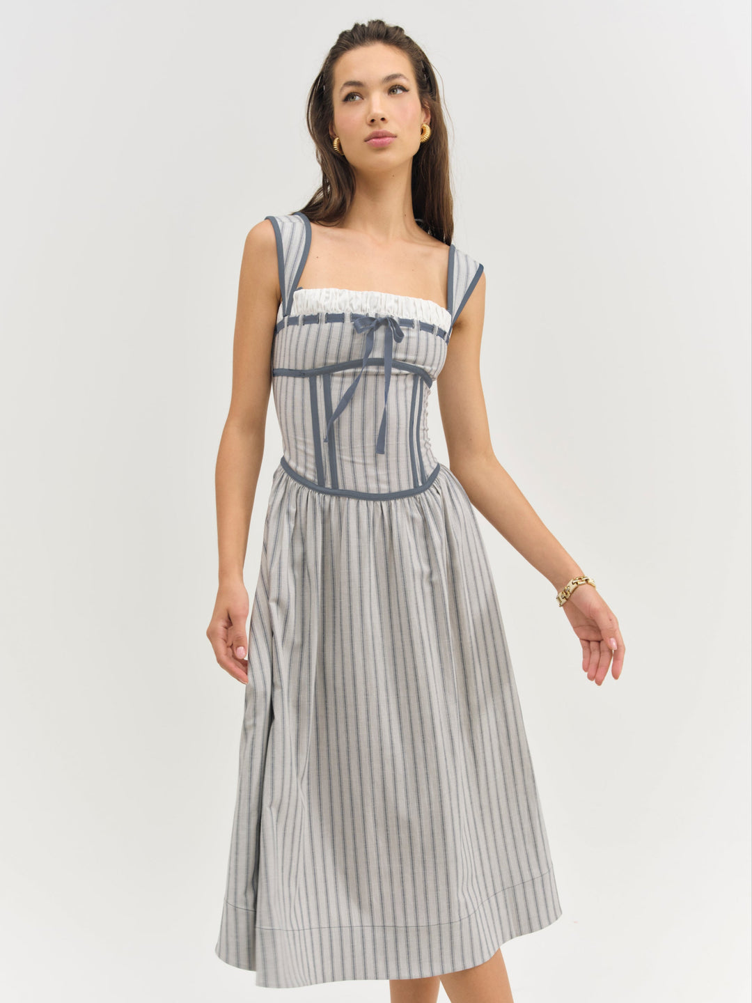Women Linen Stripe Midi Dress - Blue
