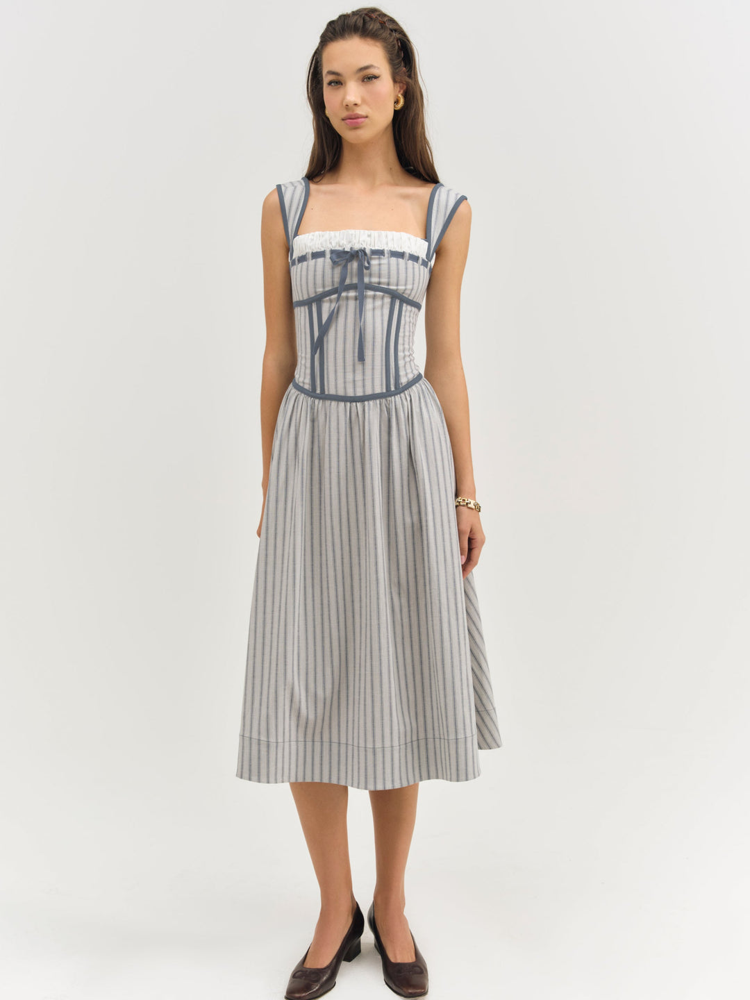 Women Linen Stripe Midi Dress - Blue