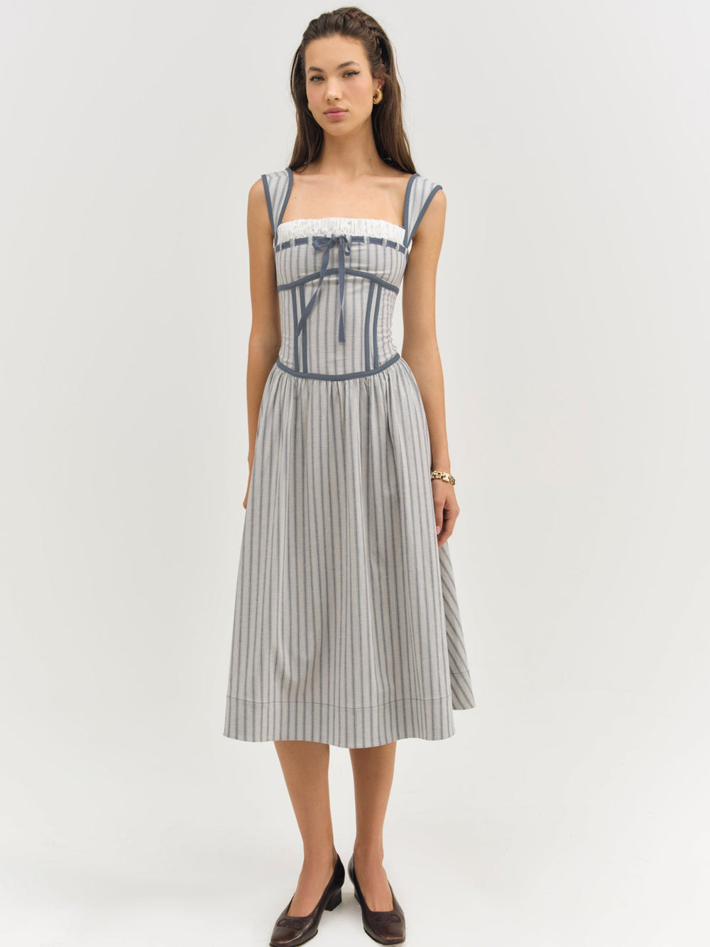 Women Linen Stripe Midi Dress - Blue