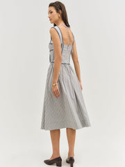 Women Linen Stripe Midi Dress - Blue