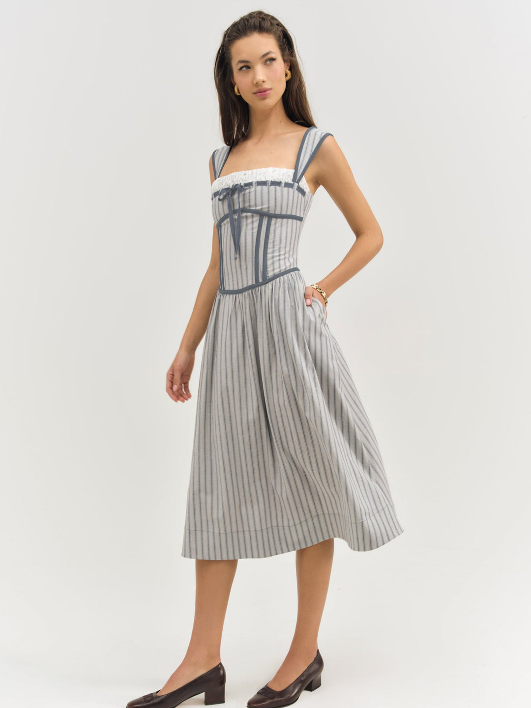Women Linen Stripe Midi Dress - Blue