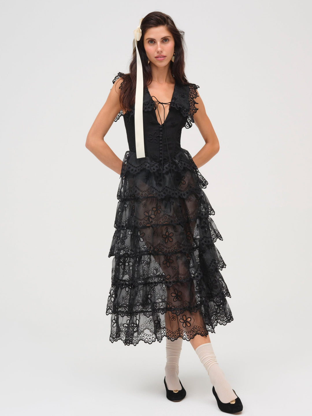 Women Daisy Eyelet Midi Dress - Black