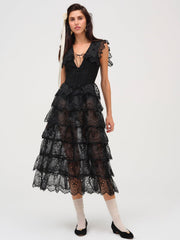 Women Daisy Eyelet Midi Dress - Black