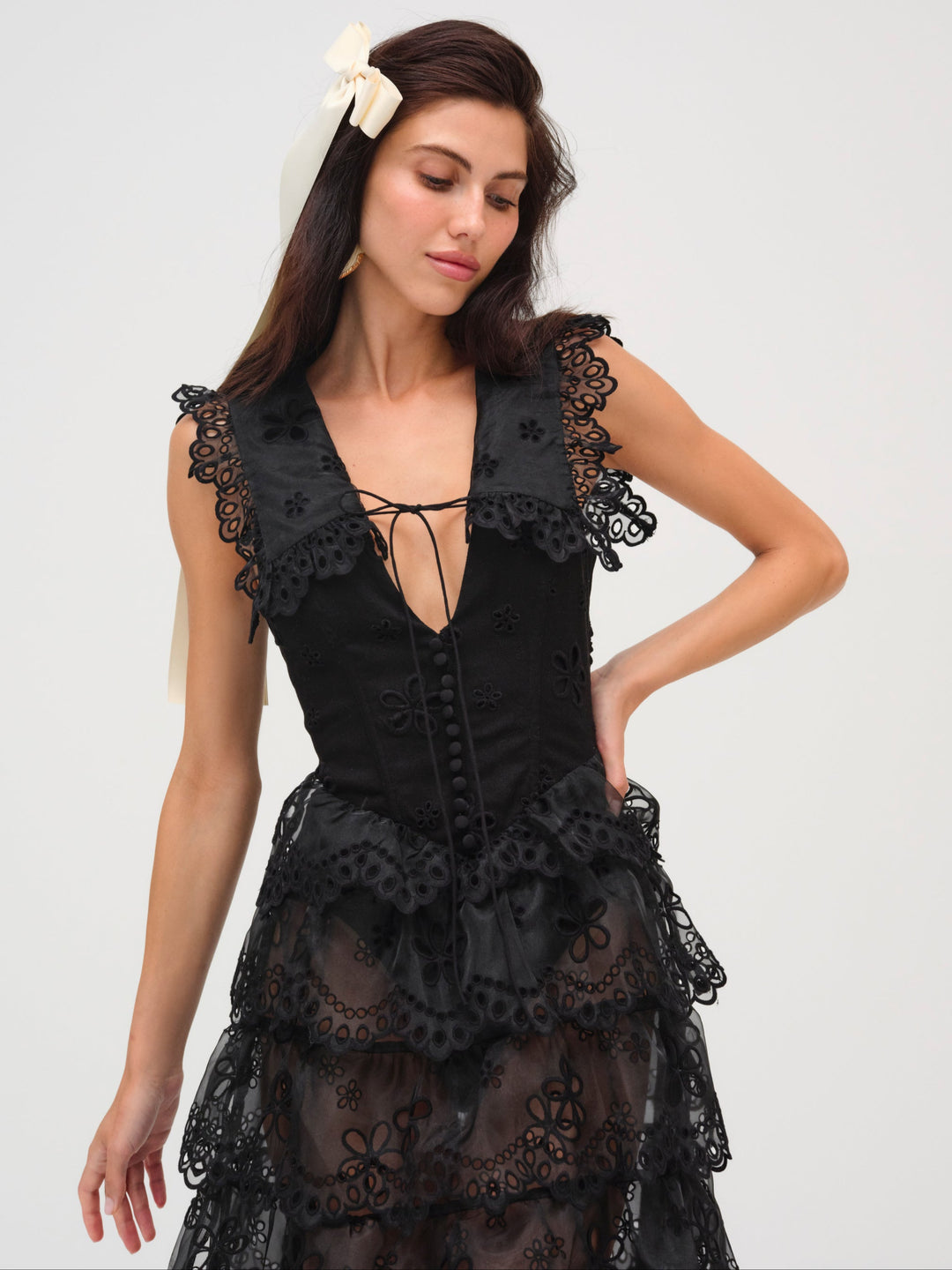 Women Daisy Eyelet Midi Dress - Black