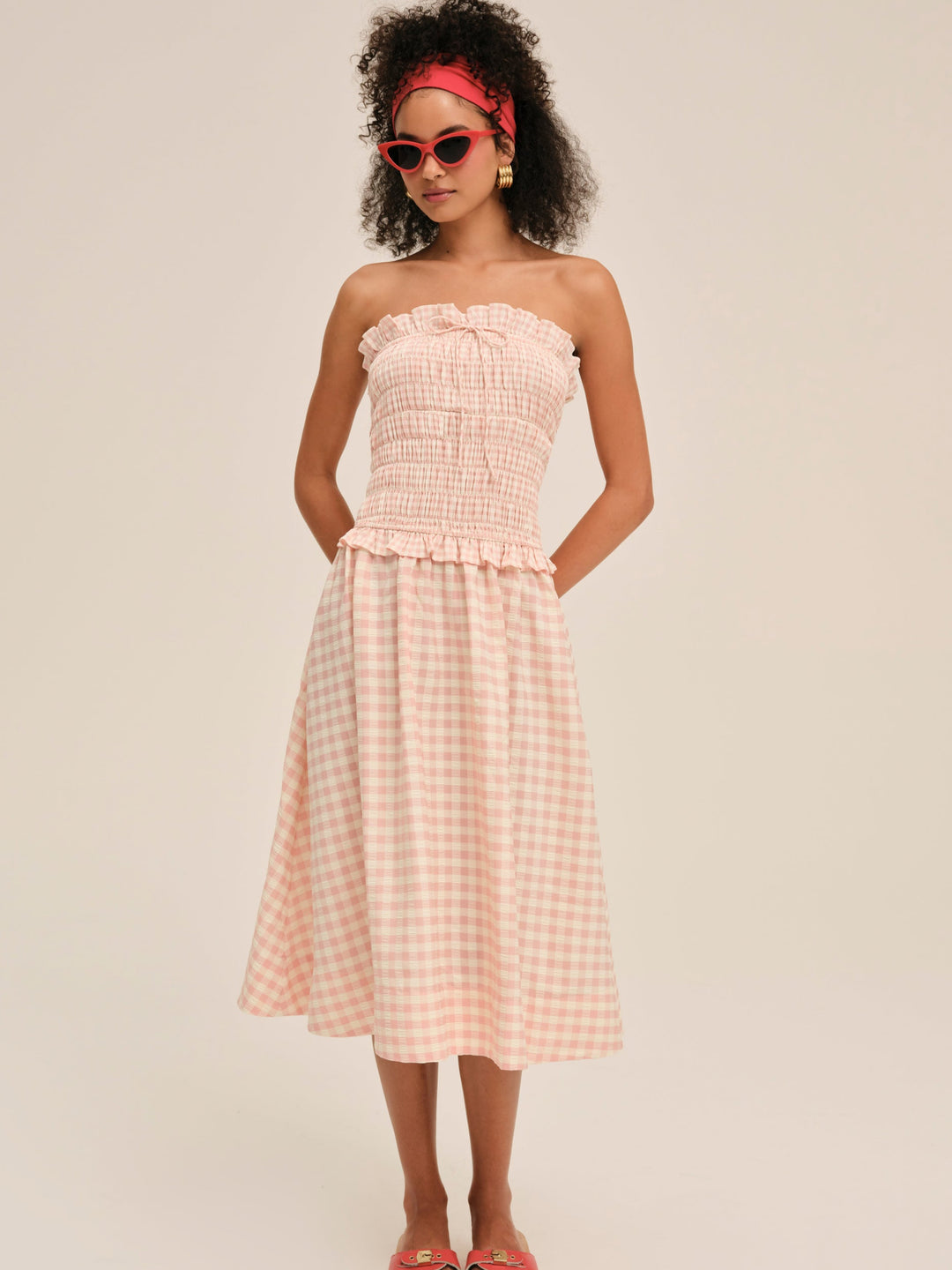 Women Petal Gingham Midi Dress - Peach