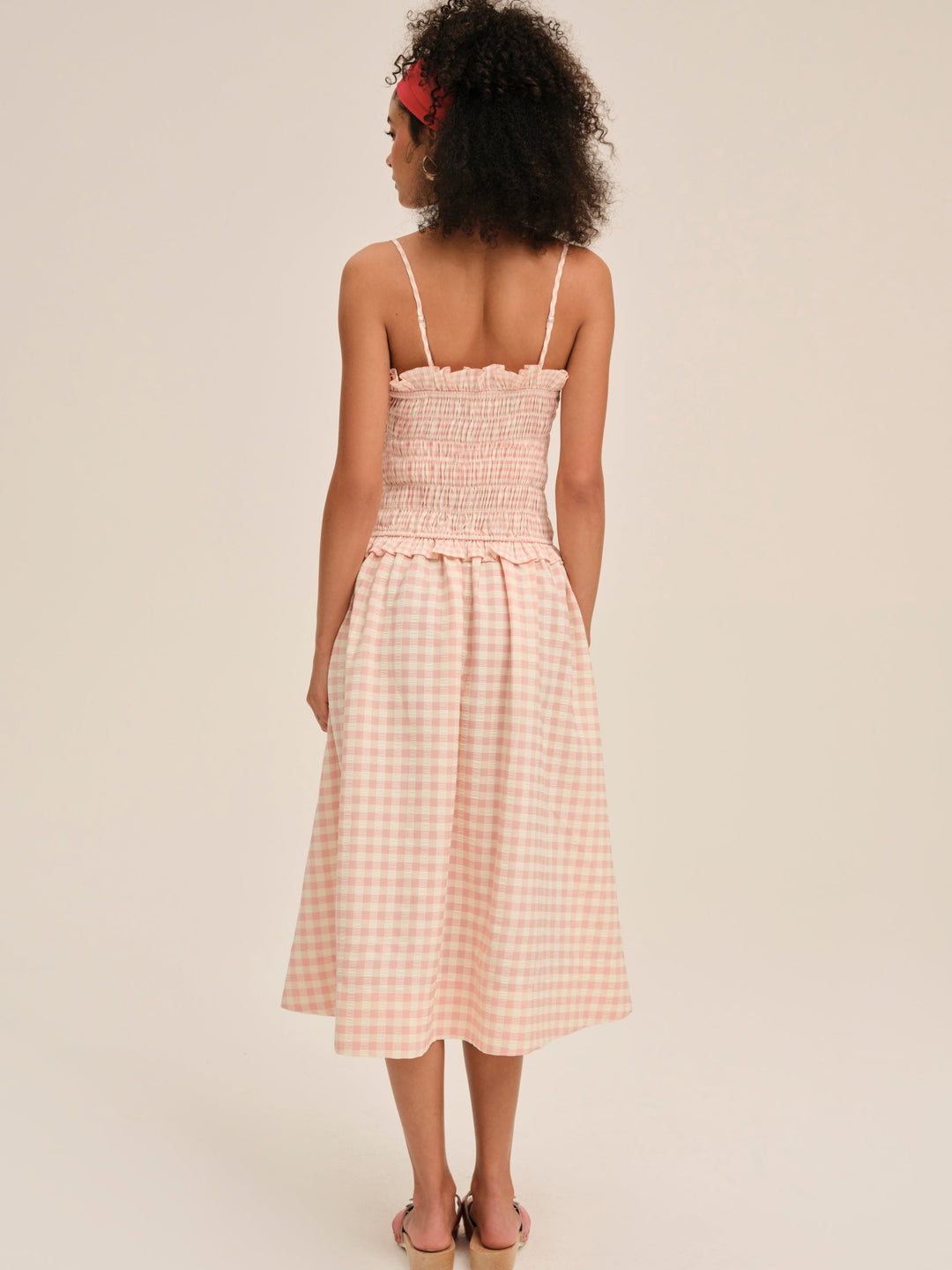 Women Petal Gingham Midi Dress - Peach