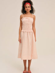 Women Petal Gingham Midi Dress - Peach